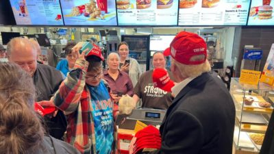 Trump personally hands out MAGA hats to East Palestine, Ohio residents. Credit: WKYC3News @wkyc