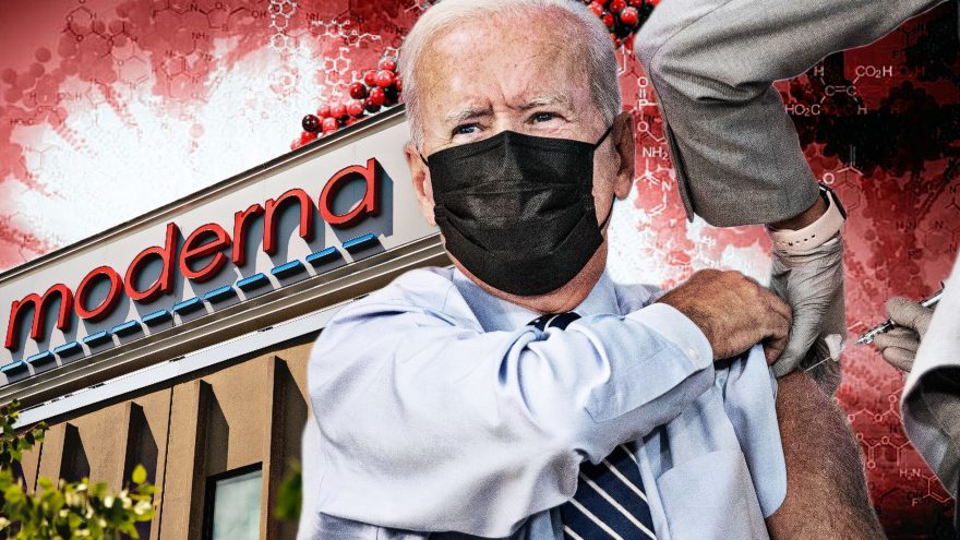 Photo edit of President Biden getting vaccinated against COVID-19 and Moderna building. Credit: Alexander J. Williams III/Pop Acta.