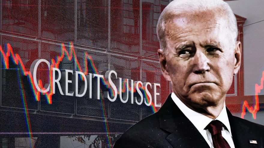 Photo edit of President Biden and Credit Suisse amid news of shares plunging. Credit: Alexander J. Williams III/Popacta.