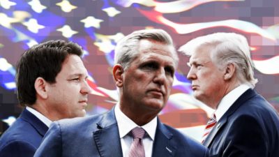 Photo edit of former President Donald Trump, Speaker of the House Rep. Kevin McCarthy, and Florida Governor Ron DeSantis. Credit: Alexander J. Williams III/Pop Acta.